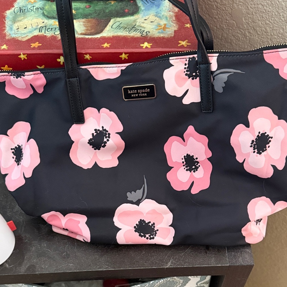 kate spade Black Tote with Pink Floral Pattern